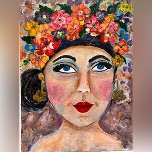 Original acrylic painting of woman with flowers 6x8